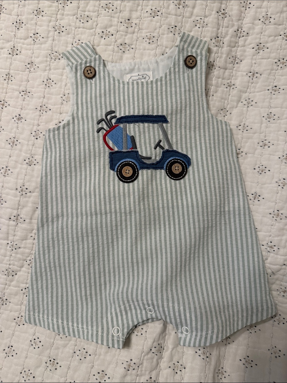 Mud Pie Light Green Striped Golf Cart Baby One-Piece